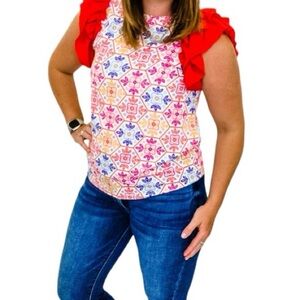 Red Floral Pattern, Ruffle Sleeve Top size Medium